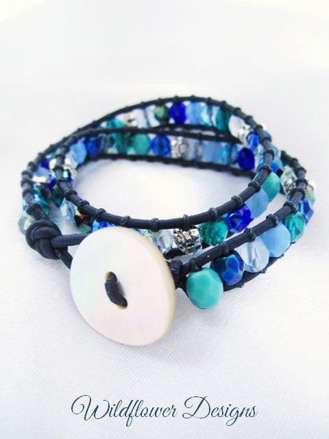 leather double wrap bracelet in blues and teals