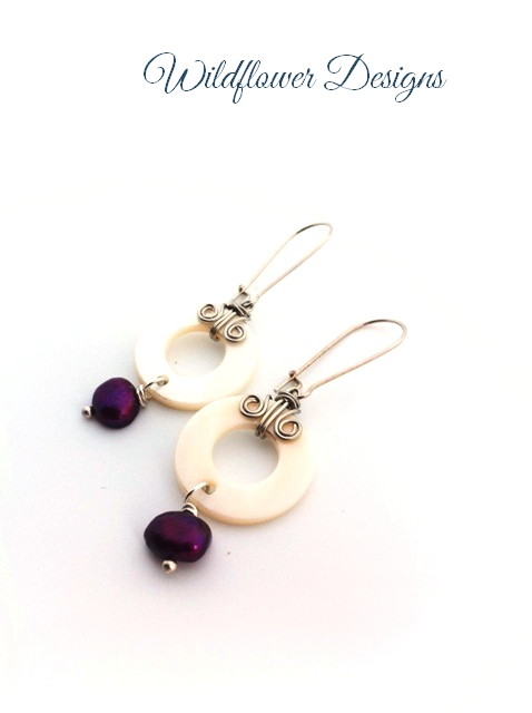 Mother of pearl earrings with wire swirls and magenta pearls