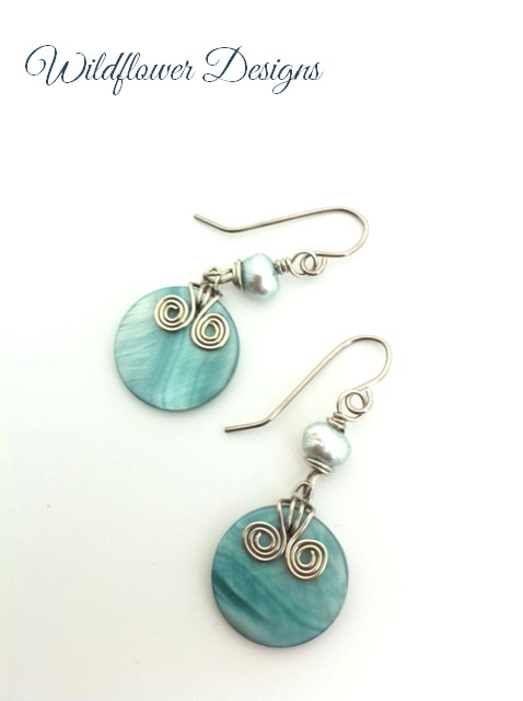 aqua shell round earrings with silver swirls and freshwater pearls