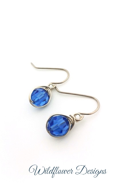 swarovski crystal sapphire wire wrapped earrings with hypoallergenic hooks