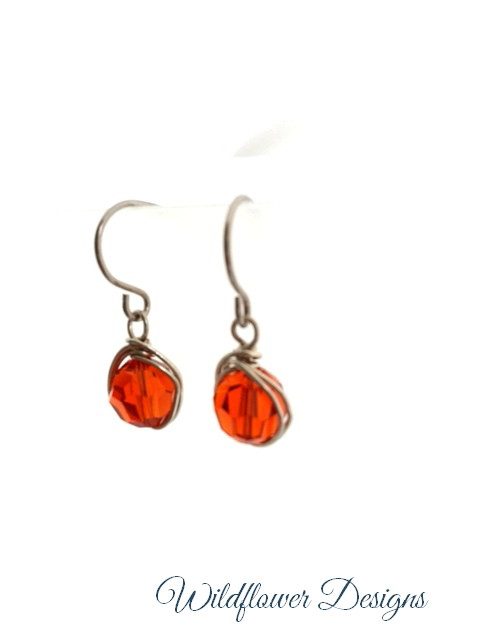 swarovski crystal indian red wire wrapped earrings with hypoallergenic hooks