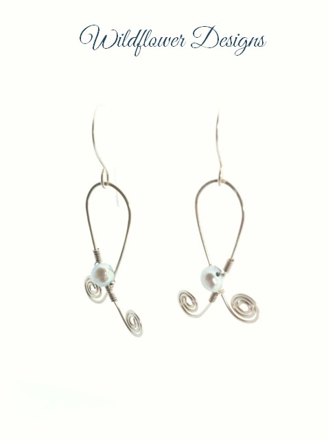 earrings freshwater pearls wire wrapped to silver wire swirls
