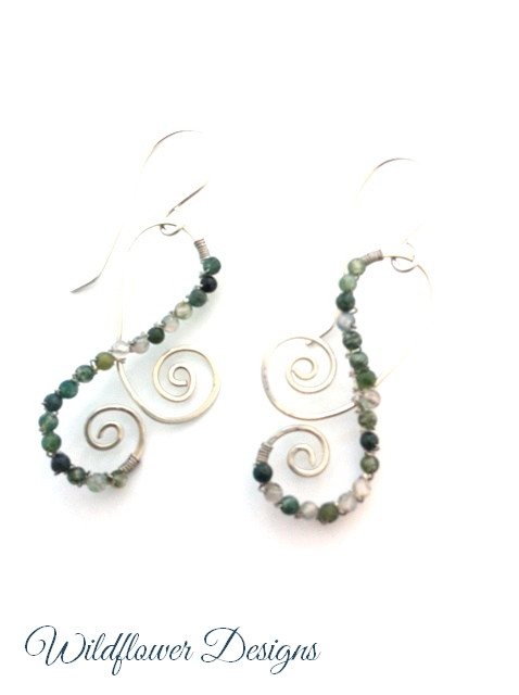 moss agate rounds wire wrapped on silver swirl earring frames