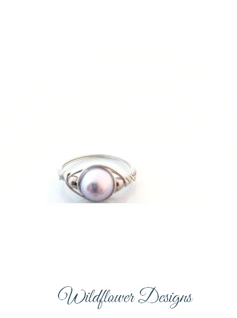 swarovski blue pearl silver wire wrap ring