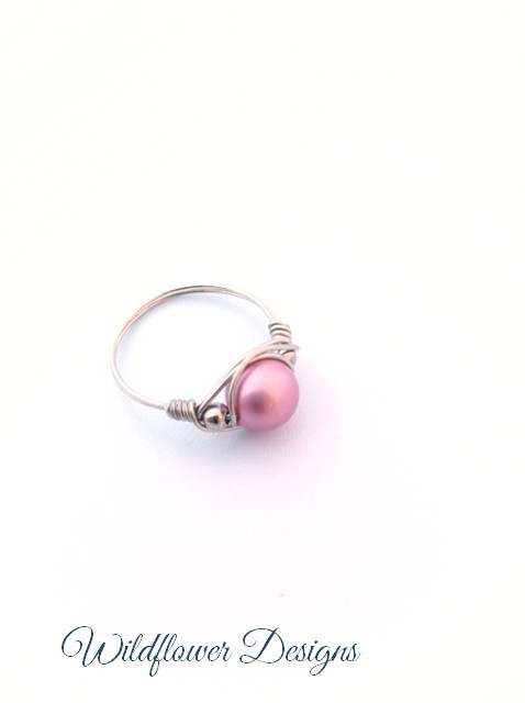 swarovski pink pearl wire wrap ring