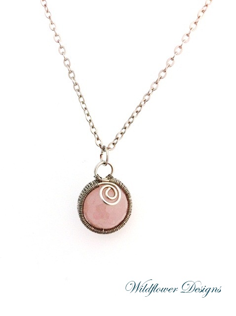 rose quartz wire wrapped necklace on silver chain
