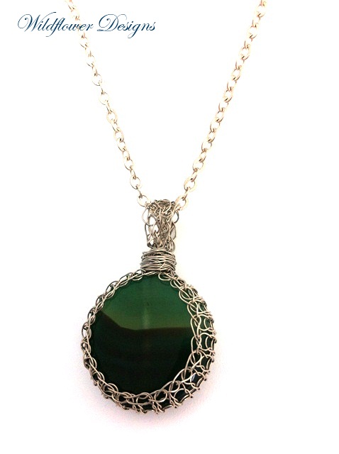 green agate in knitted wire bezel on silver chain
