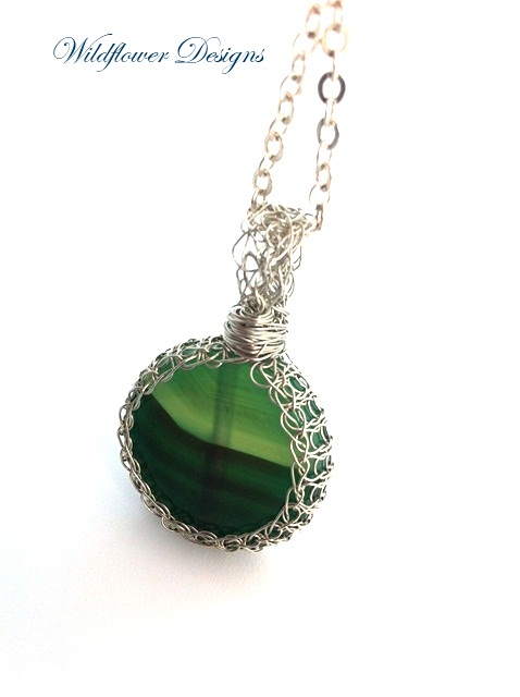 green agate in knitted wire bezel on silver chain