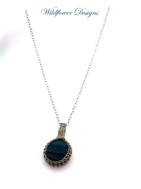 blue agate in knitted wire bezel on silver chain