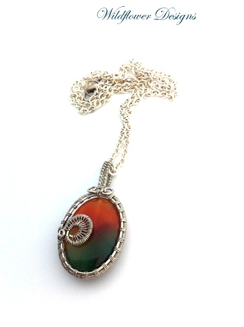 rainbow agate wire wrapped bezel on silver chain