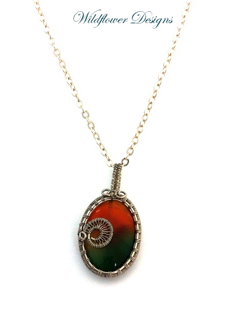 rainbow agate wire wrapped bezel on silver chain