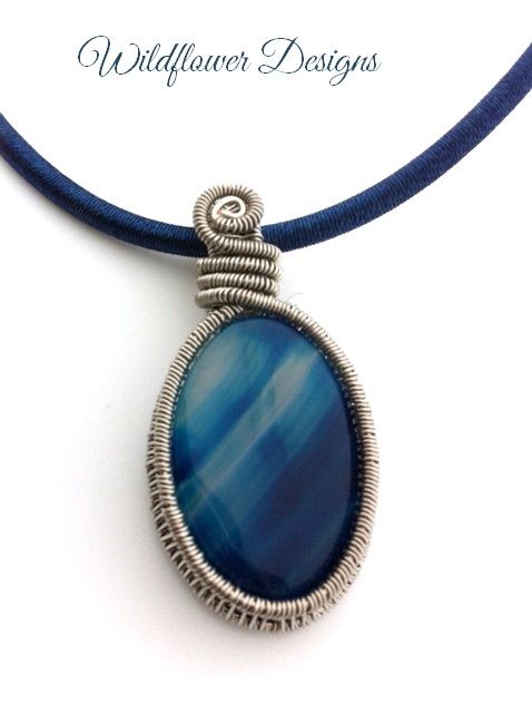 blue agate wire woven bezel on cotton satin cord