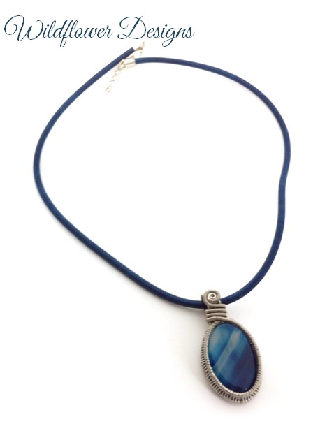 blue agate wire woven bezel on cotton satin cord