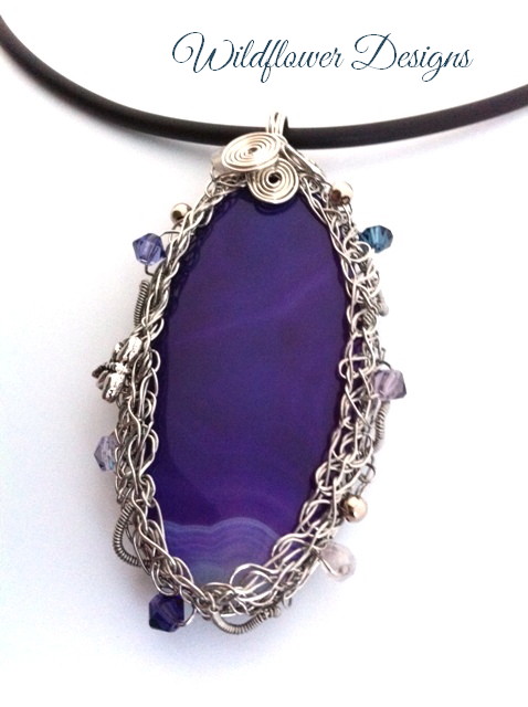 purple agate with silver wire wrap bezel and swarovski crystals
