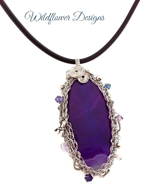 purple agate with silver wire wrap bezel and swarovski crystals