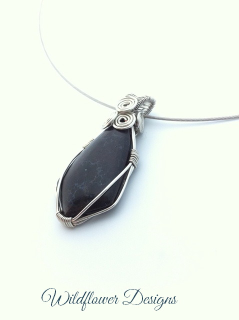 silver wire wrapped imperial jasper pendant in black