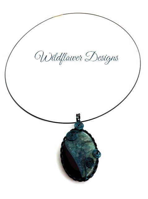 black green druzy agate wire wrapped pendant