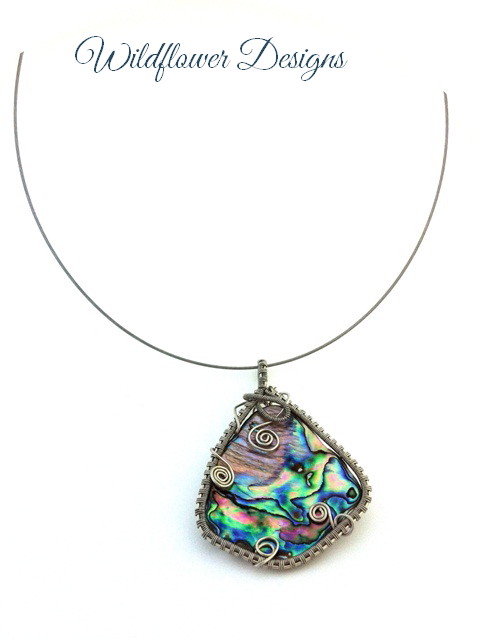 wire-woven framed paua necklace
