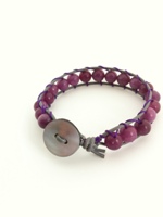 Leather Single Wrap Bracelet Purple Agate with Grey Leather