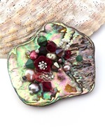 Embellished Paua Brooch - Cranberry and Green