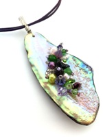 Embelllished Paua Pendant - Purples and grass green on violet purple leather cord