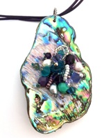 Embelllished Paua Pendant - Purples and Teals on violet purple leather cord