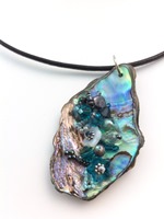 Embelllished Paua Pendant - Teals on thick black leather cord