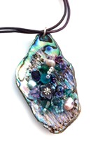 Embelllished Paua Pendant - Purples and Teals on doubled violet purple leather cord