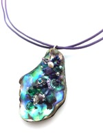 Embelllished Paua Pendant - Purples and Greens on Lavendar doubled leather cord