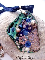 Embellished Paua Pendant  Blue and Peachy Pinks