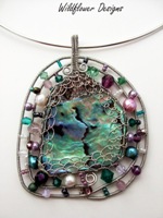 Embellished Paua Pendant  Purple and Green  w Wire