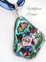 Embelllished Paua Pendant - Denim Blue and Pink on organza and cord