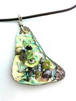 Embelllished Paua Pendant - Greys and Lime Green on black leather cord