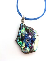 Embelllished Paua Pendant - Blues and Purples on blue suedette lace cord