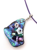 Embelllished Paua Pendant - Purples and Emeralds on pale lilac leather cord