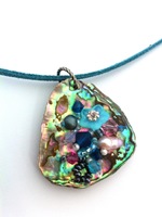 Embelllished Paua Pendant - Aquas and pale Pink on turquoise suede lace cord