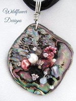 Embelllished Paua Pendant - Blacks and Pinks on organza and cord