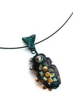 Lampwork Black/Teal/Metallics with teal wire woven bail on black neckwire