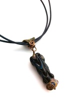 Lampwork Brown/Dark Blue with bronze wire woven bail on blue pacific leather cord